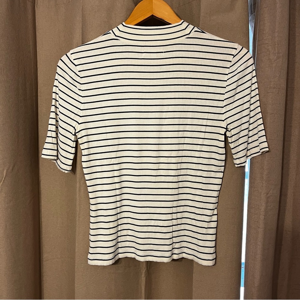 Madewell Striped Mockneck Ribbed Short Sleeve Top, Size Medium - Picture 2 of 8
